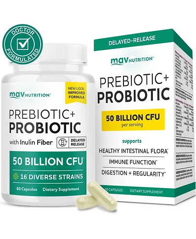Mav Nutrition Prebiotics and Probiotics 50 Billion Cfu with 16 Probiotic Strains and Inulin Fiber, Delayed-Release Capsules, 60 Count