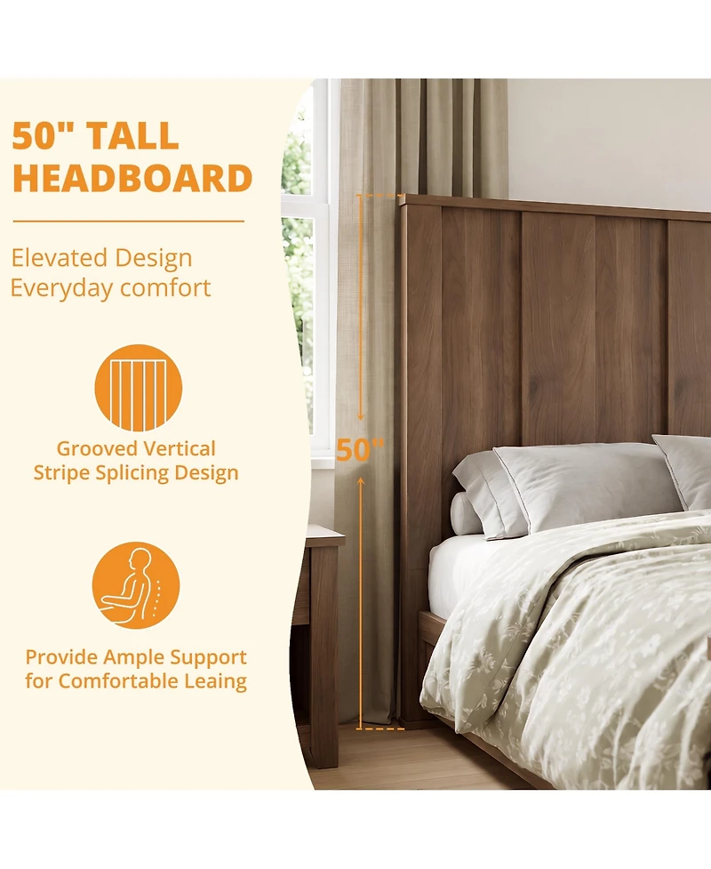 homfan Wooden Platform Bed Frame, Solid Wood Finish with Tall Vertical Panel Headboard & Footboard, No Box Spring Needed, for Bedroom