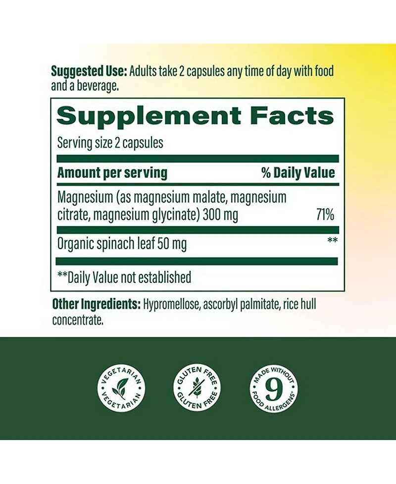 MegaFood Magnesium 300mg, Magnesium Glycinate, Citrate, Malate, Heart, Nerve Health, 60 Capsules