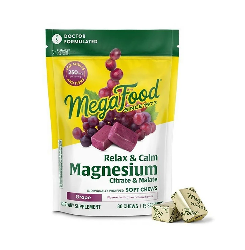 MegaFood Relax and Calm Magnesium Supplement with Magnesium Citrate and Malate, 30 Grape Soft Chews