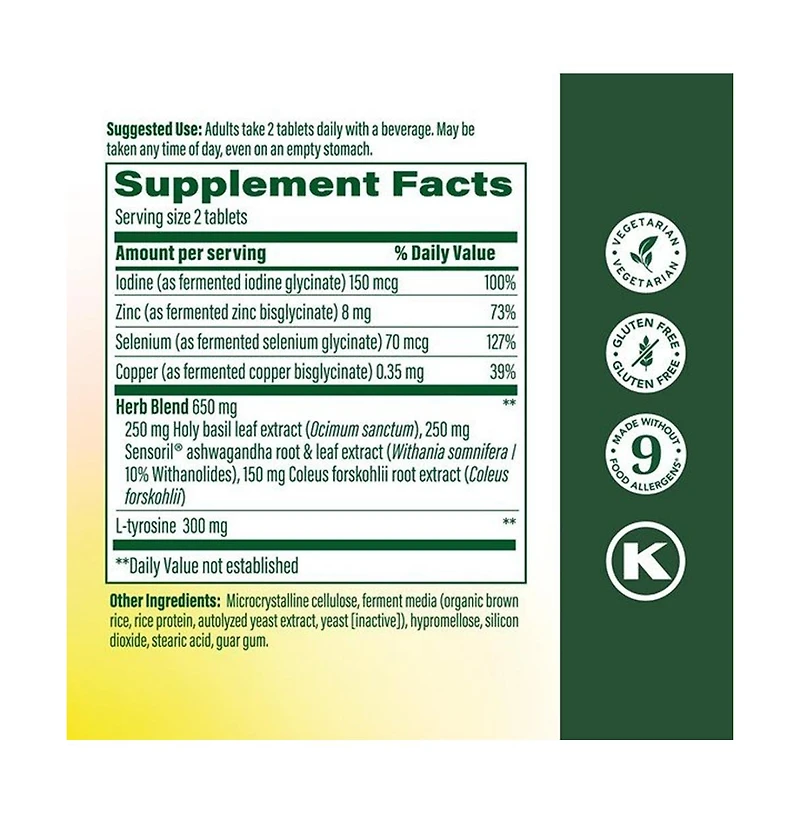 MegaFood Thyroid Strength, Ashwagandha, Zinc, Selenium, Iodine, L-Tyrosine and Copper, 90 Ct
