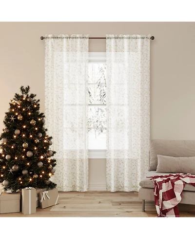 No. 918 Holly Metallic Embroidery Christmas Sheer Rod Pocket Curtain Panel Pair