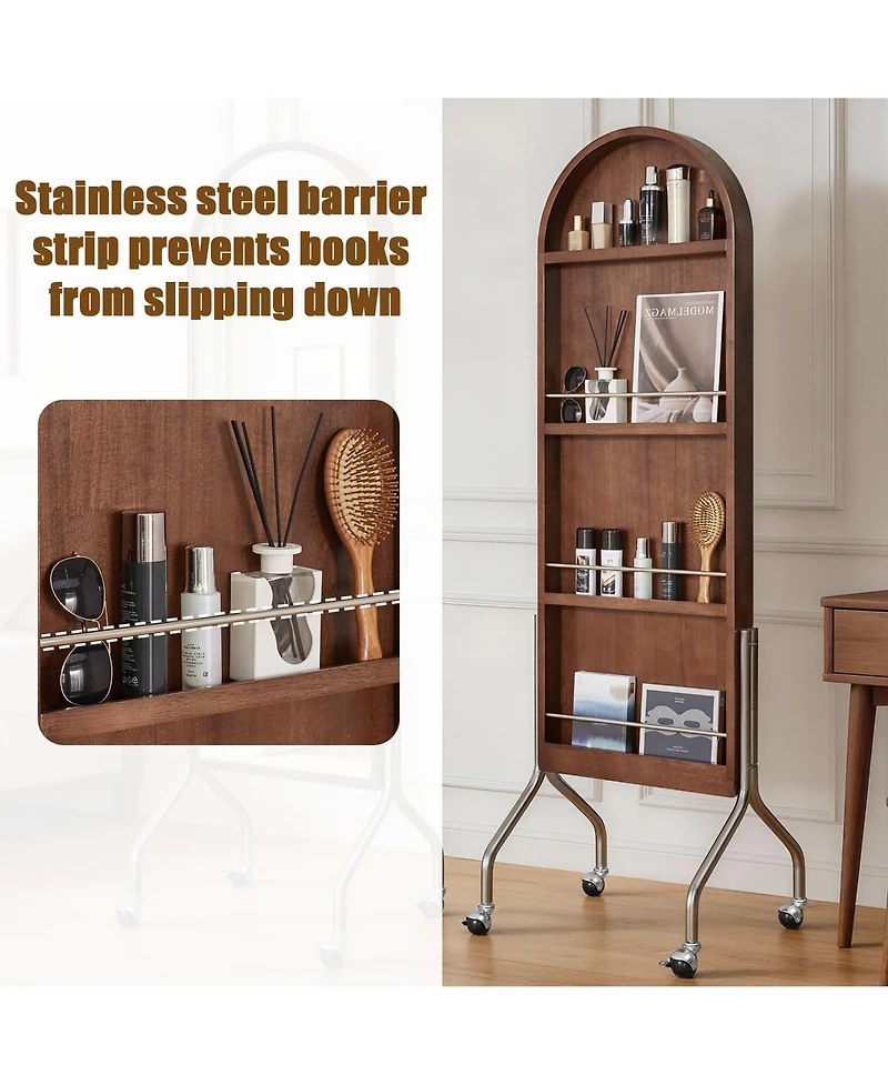 Phying Arched Full-Length Mirror with Storage Shelves, Premium Rubber Wood Freestanding Rolling Dressing Mirror and Bookcase Cart