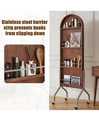 Phying Arched Full-Length Mirror with Storage Shelves, Premium Rubber Wood Freestanding Rolling Dressing Mirror and Bookcase Cart