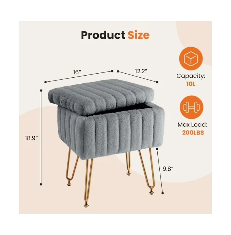 Slickblue Square Faux Fur Storage Ottoman with Metal Legs and Adjustable Feet