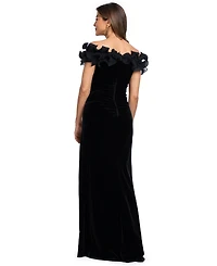 Xscape Women's Velvet Off-the-Shoulder Ruffled Long Gown