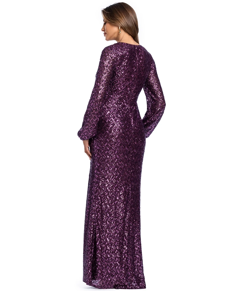 Xscape Women's Sequin Long-Sleeve Keyhole Dress