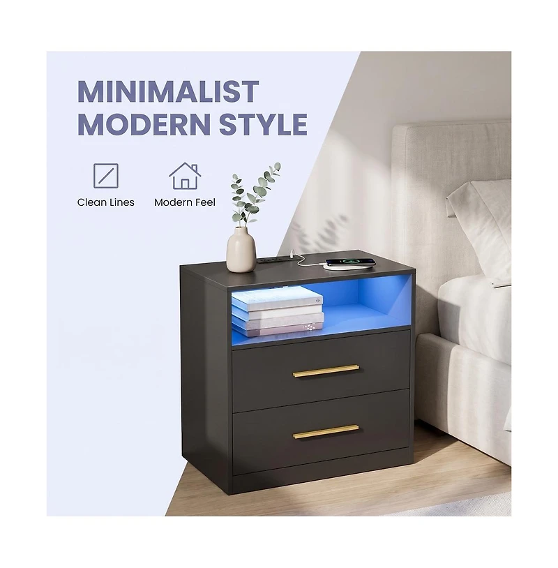 SongmicsHome Bedside Table, Side End Table, Nightstand with Power Outlets, Sliding Lid, Led Lights, 2 Drawers