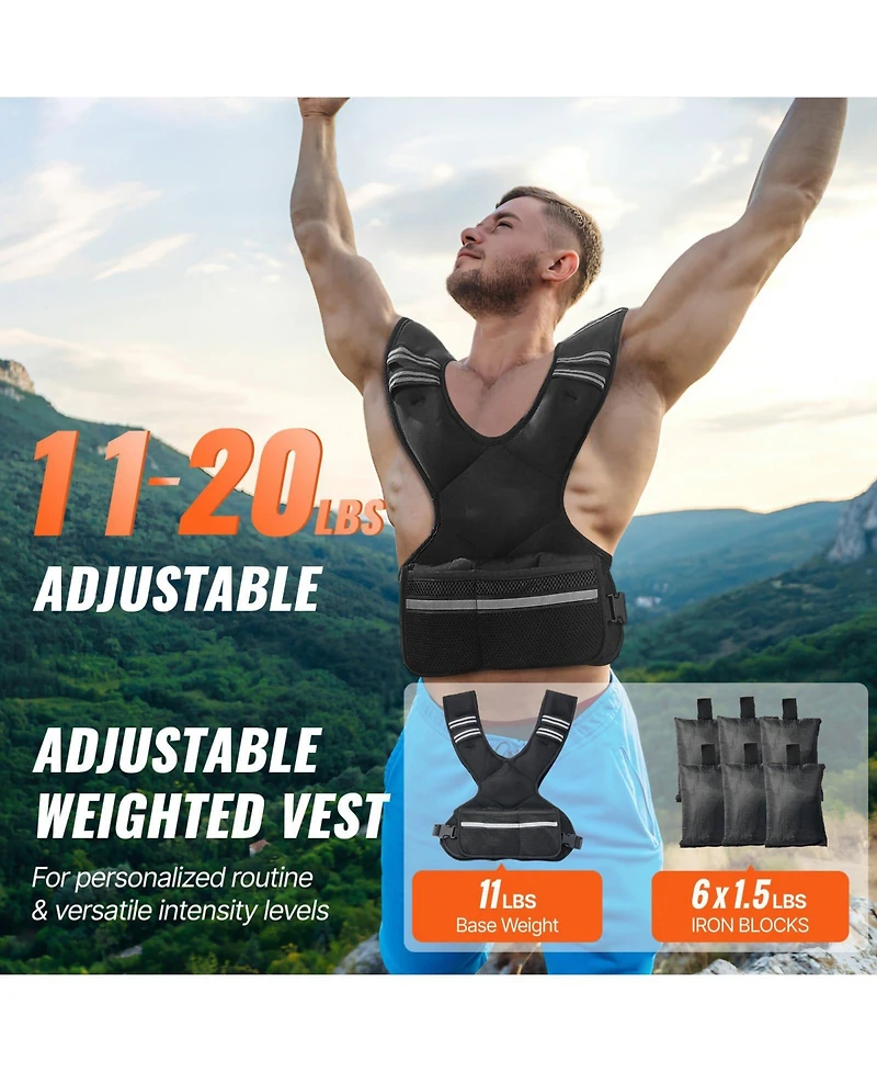 Mecale Adjustable Weighted Vest, 11-20 lb Vest with Ironsand Weights and Reflective Stripe for Strength Training