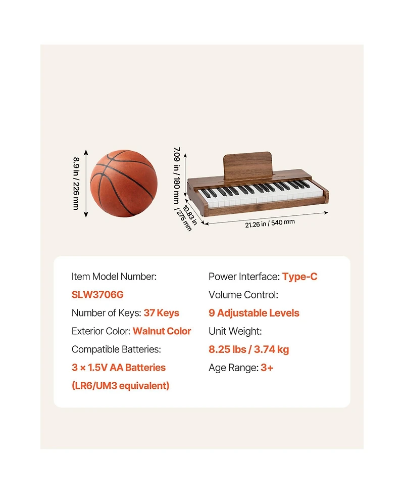 Mecale 37-Key Extended Range Wooden Kids Digital Piano, Ages 3+