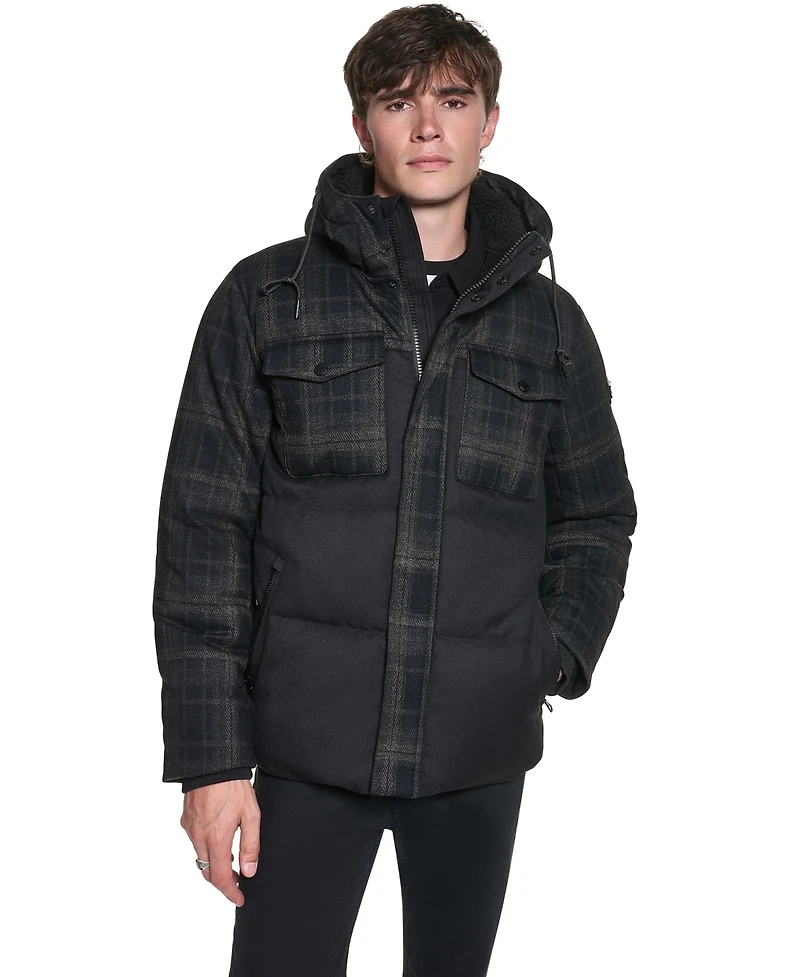Karl Lagerfeld Paris Men's Mixed Media Hooded Puffer