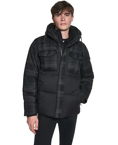 Karl Lagerfeld Paris Men's Mixed Media Hooded Puffer