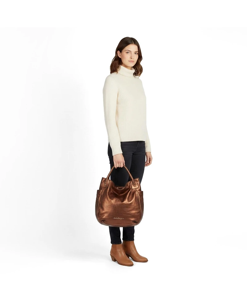 Pre-Owned Salvatore Ferragamo Women's Metallic Bronze Leather Braided Handle Hobo Bag