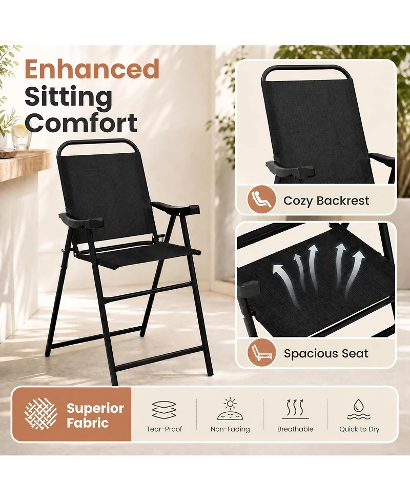 Gymax 2PCS Patio Bar Chair Folding Bar Height Metal Frame w/ Footrest Garden Coffee Black