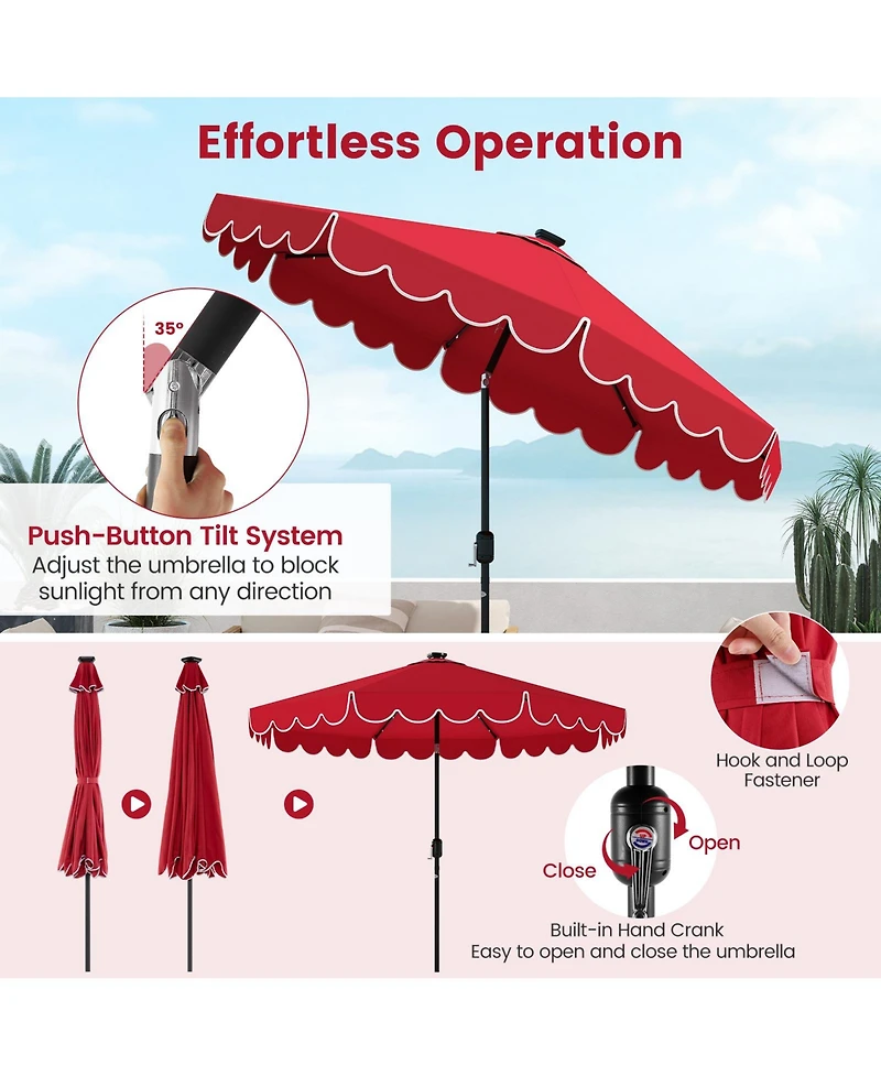 Gouun 9.3 feet Solar Patio Umbrella with 24 Led Lights, Vented Top and Ruffles