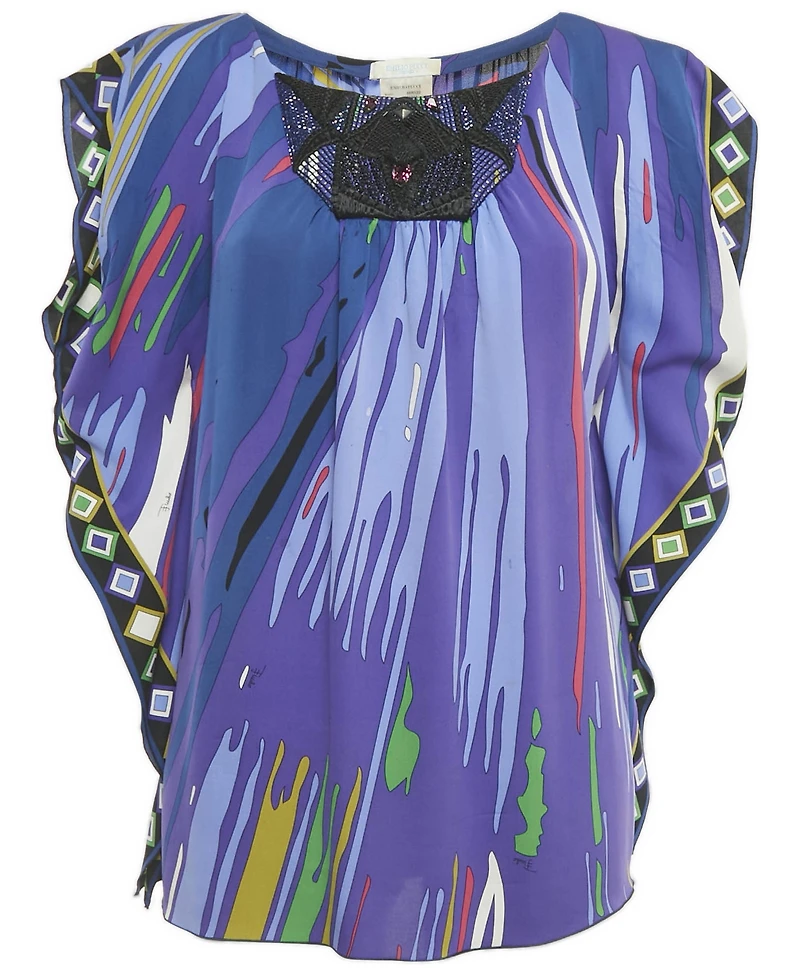 Pre-Owned Emilio Pucci Women's Short-Sleeve Scoop Neck Embellished Silk-Blend Kaftan Tunic Top