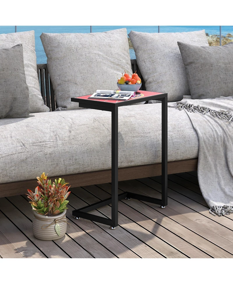 Mecale C-Shaped Outdoor End Table with Mosaic Ceramic Tile Top