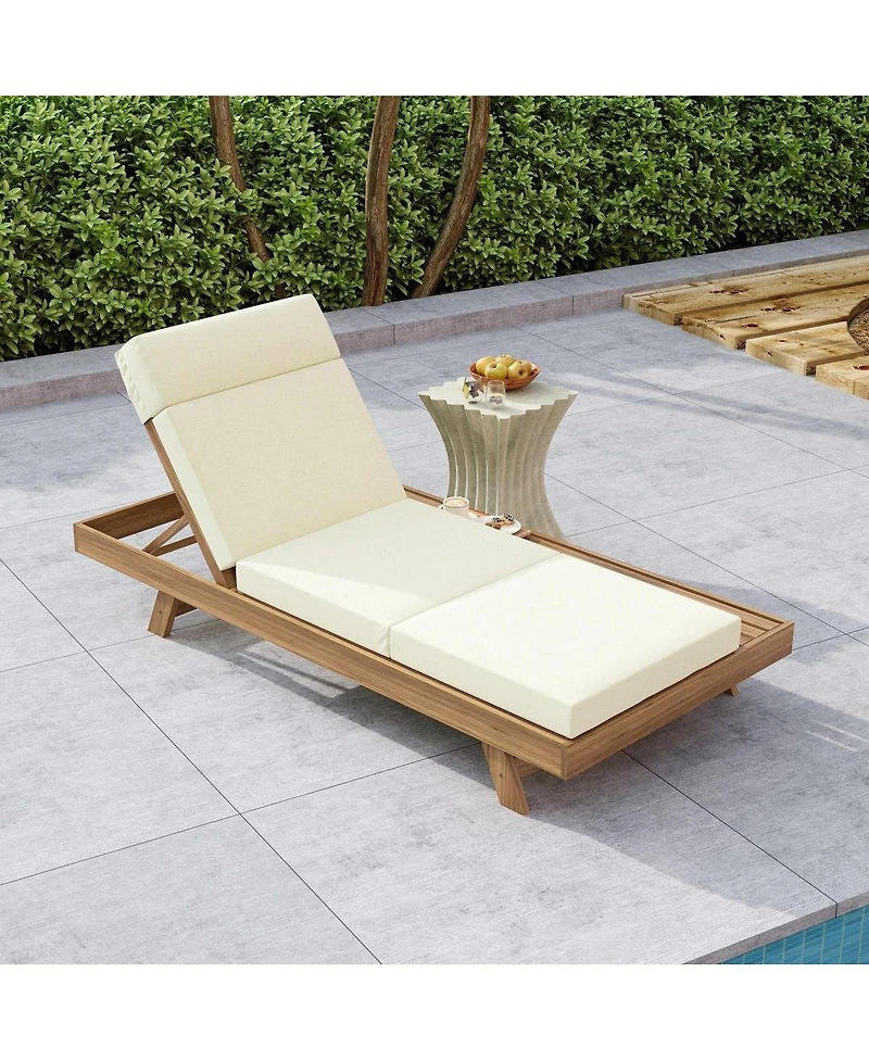 Asagikoiai Acacia Wood Outdoor Chaise Lounge with Headrest and 3-Fold Cushion