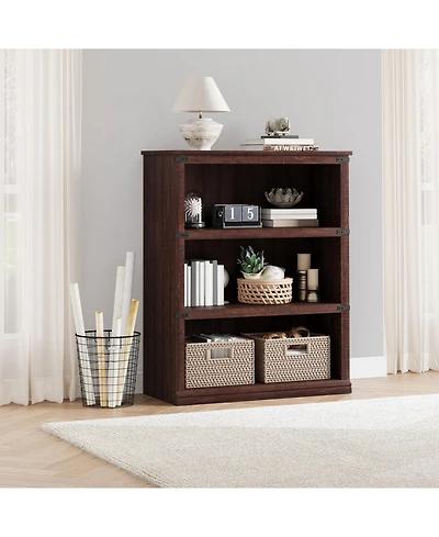 3-Tier Tall Bookcase with Adjustable Shelves, Metal Frame and Closed Back, Retro Farmhouse Bookshelf for Living Room, Bedroom or Home Office