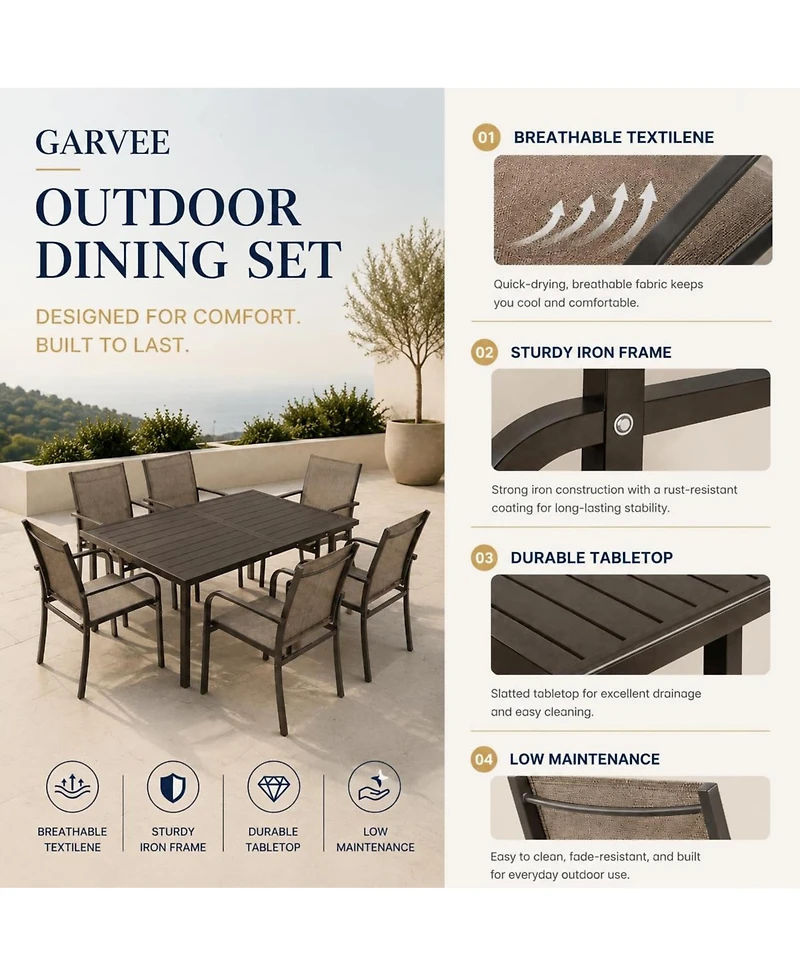7-Piece Outdoor Patio Dining Set with 55" Rectangular Table and 6 Stackable Textilene Chairs, Wood-Grain Finish, Rust-Resistant Steel Frame