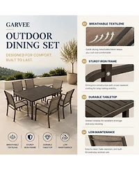 7-Piece Outdoor Patio Dining Set with 55" Rectangular Table and 6 Stackable Textilene Chairs, Wood-Grain Finish, Rust-Resistant Steel Frame