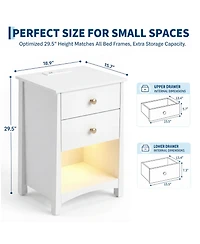 Nightstand with Charging Station, Led Light Strip, 2 Drawers and Open Shelf, Modern Mid-Century Bedside Table for Bedroom or Dorm