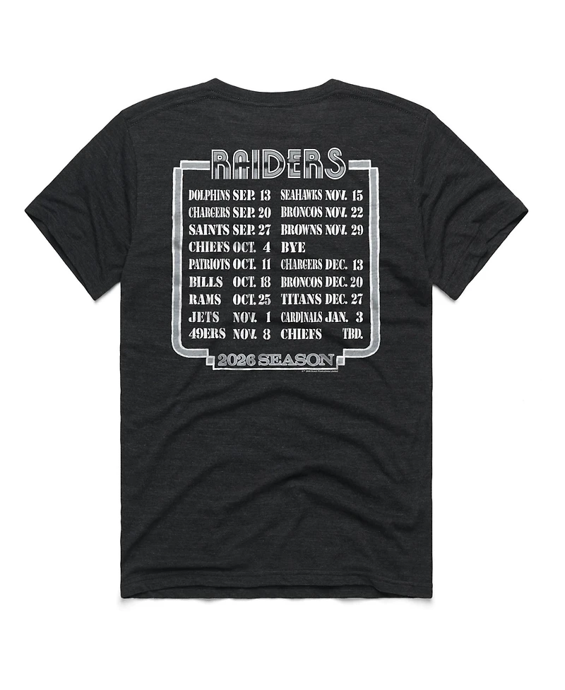 Homage Men's and Women's Charcoal Las Vegas Raiders 2026 Nfl Schedule Queen Tri-Blend T-Shirt