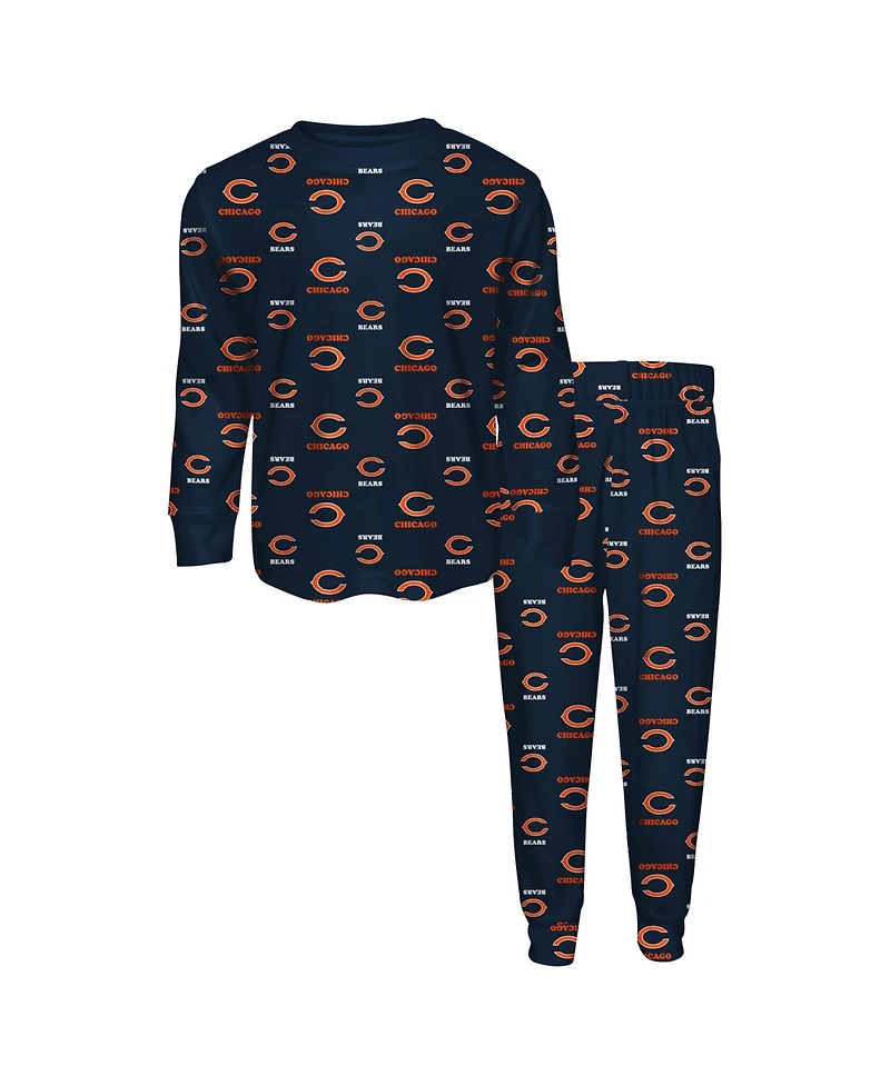 Outerstuff Big Boys and Girls Navy Chicago Bears All-Over-Print Long Sleeve T-Shirt Pants Sleep Set