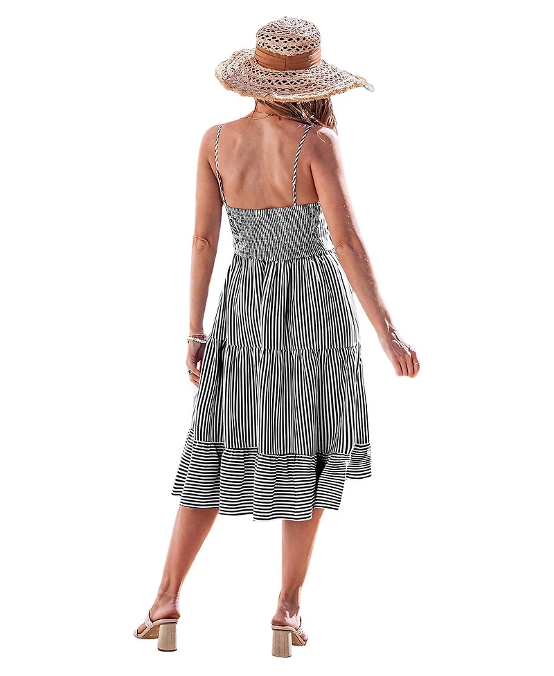 Cupshe Women's Vertical-Stripe Spaghetti-Strap Tiered Midi Dress