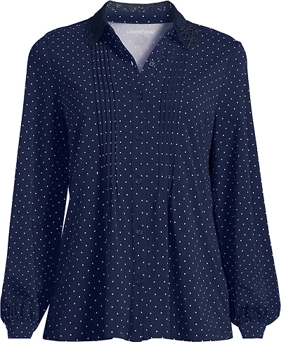 Lands' End Plus Long Sleeve Lightweight Jersey Button Front Trim Collar Pintuck Blouse
