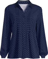 Lands' End Plus Long Sleeve Lightweight Jersey Button Front Trim Collar Pintuck Blouse