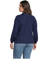 Lands' End Plus Long Sleeve Lightweight Jersey Button Front Trim Collar Pintuck Blouse
