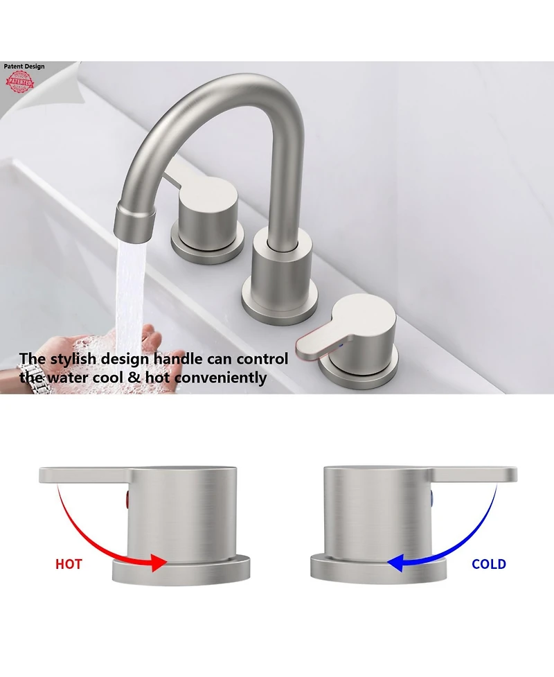Phying 8 Inch Widespread Bathroom Sink Faucet Brushed Nickel 2 Handle 3 Hole Vanity Faucet with 360 Degree Swivel Spout and Pop Up Drain Assembly