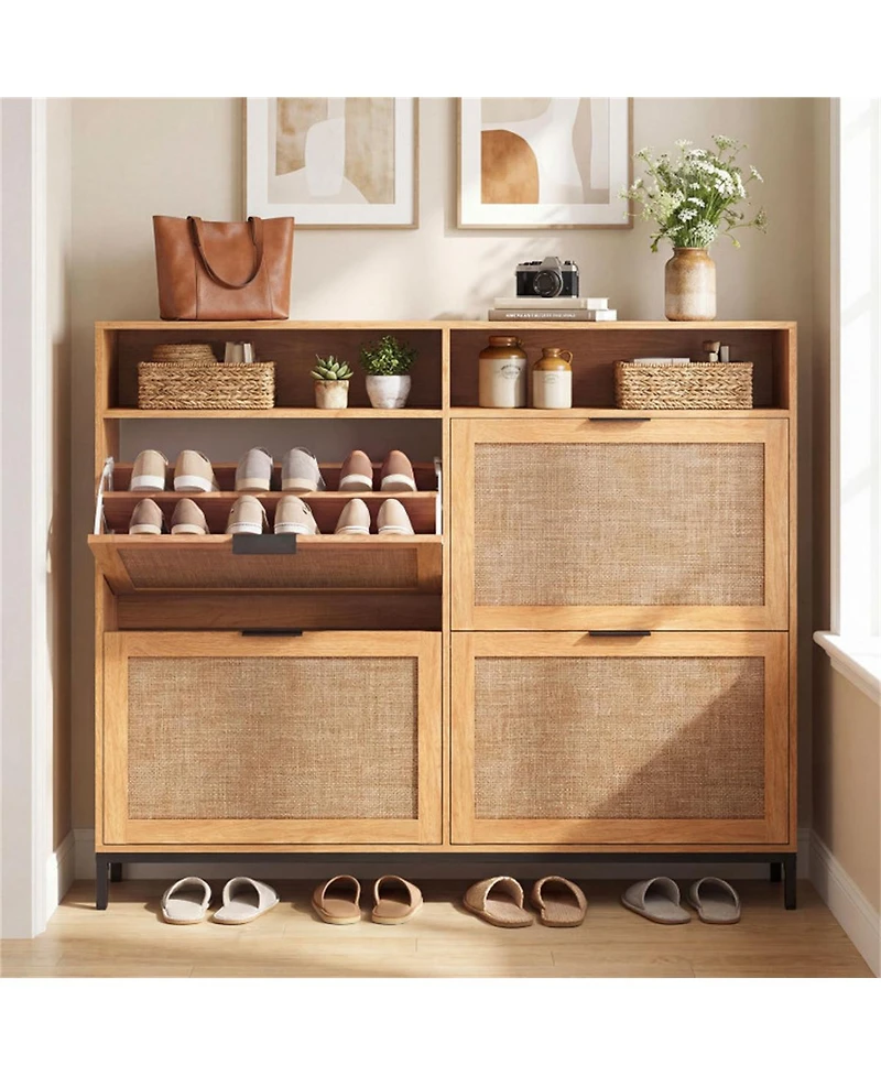 Slickblue 4-Drawer Shoe Cabinet with Open Shelves and Freestanding Storage