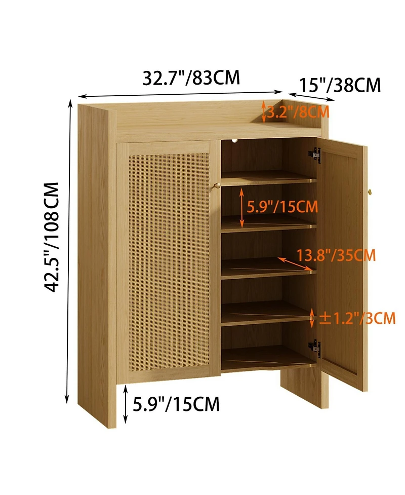 Slickblue 42.5 Inch Shoe Cabinet with Rattan Doors and 6-Tier Storage