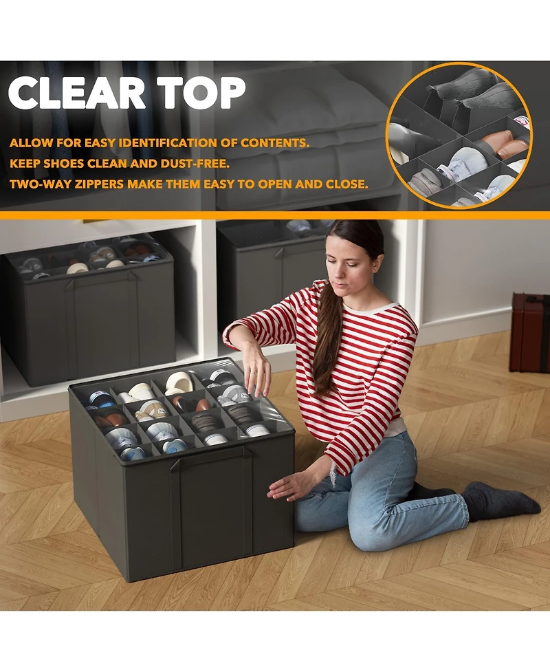 SpaceAid 2 Pack Shoe Storage Organizer for closet, a set of 2 foldable shoe storage containers with adjustable dividers