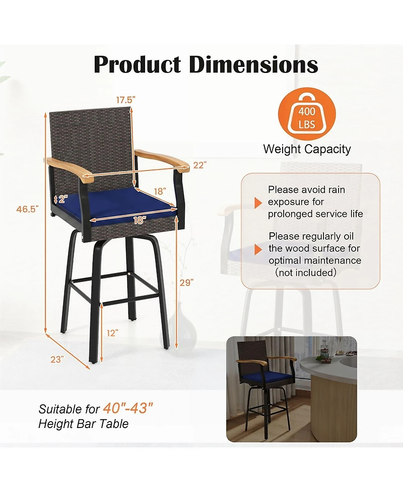 Gymax 4PCS 29'' Outdoor 360-Degree Swivel Bar Stool Cushion Acacia Wood Armrests Footrest