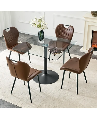 Flynama 5-Piece Square Glass Dining Set, Single-Column Metal Table and 4 Pu Handle Chairs