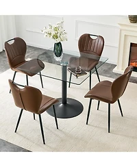 Flynama 5-Piece Square Glass Dining Set, Single-Column Metal Table and 4 Pu Handle Chairs
