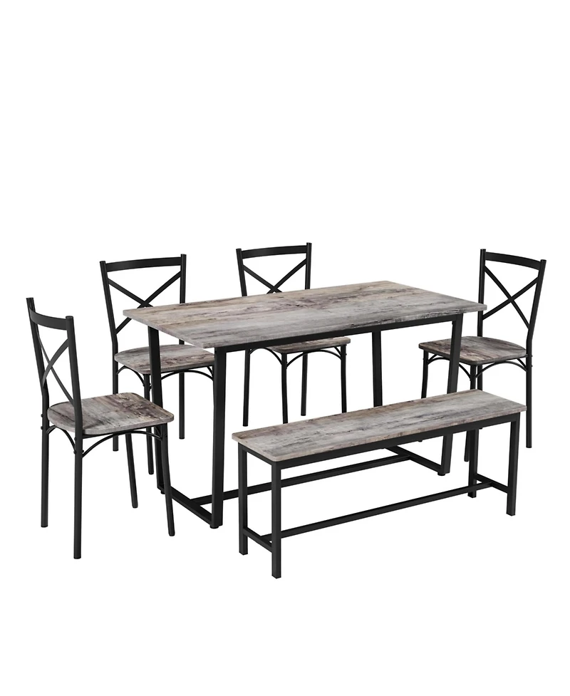 Flynama 6-Piece Industrial Dining Set, Mdf Table, 4 Chairs and 1 Bench