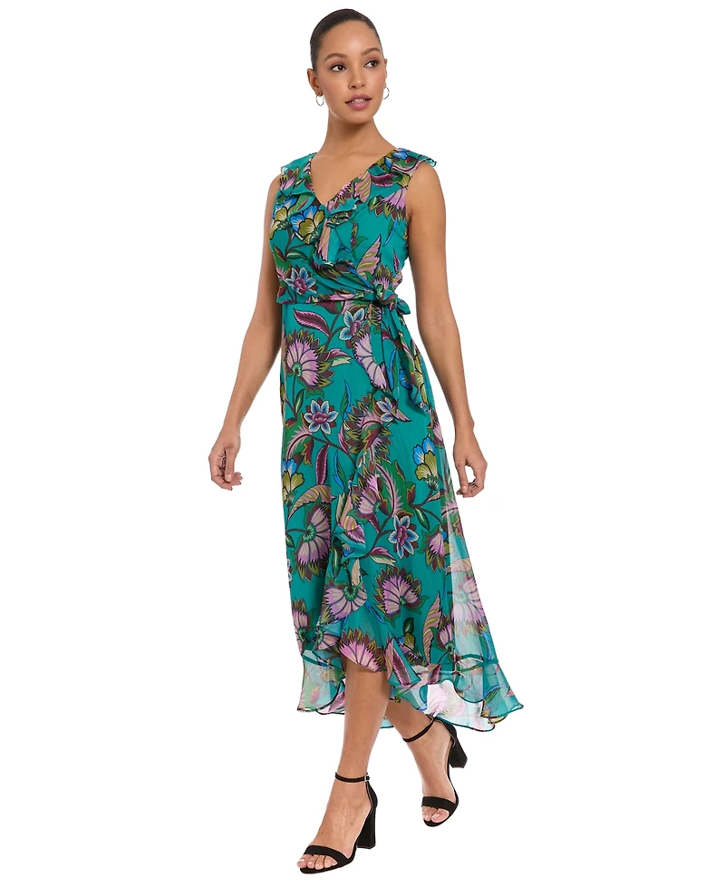 London Times Women's Side Tie Ruffle Wrap High-Low Floral-Print Dress