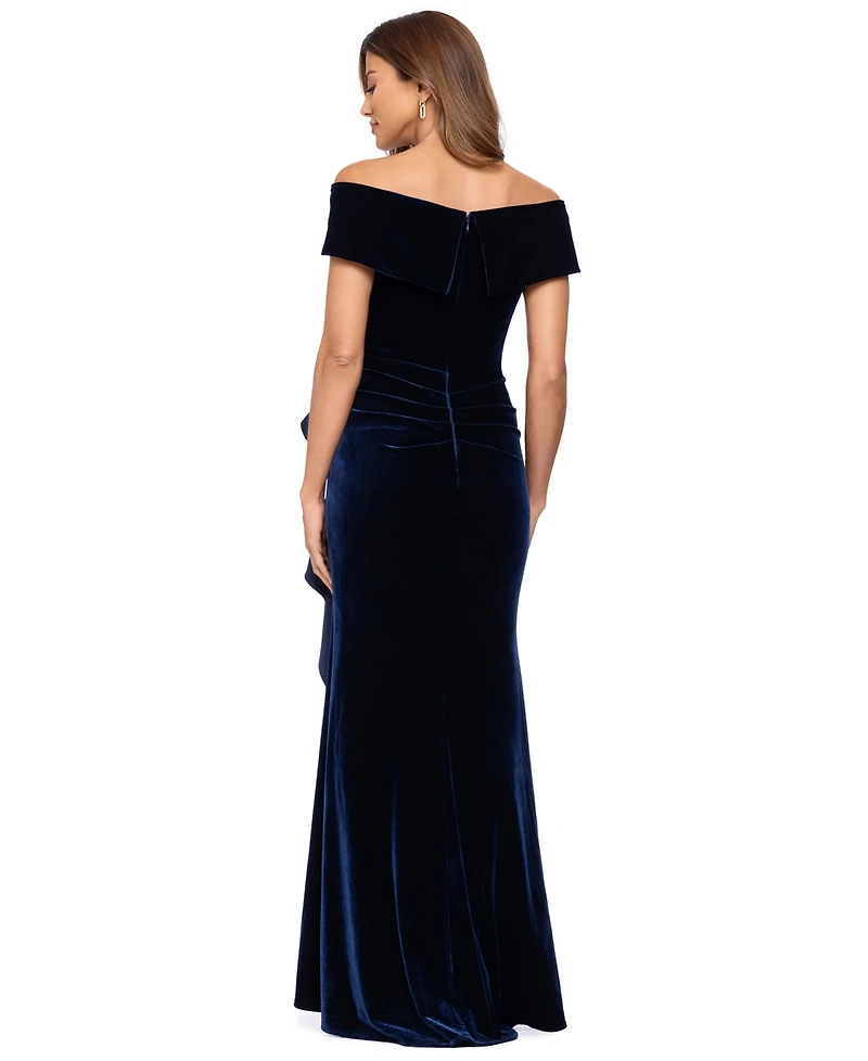 Xscape Women's Off-The-Shoulder Ruffle Velvet Dress