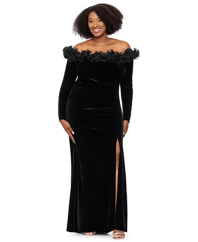 Xscape Plus Size Velvet Off-the-Shoulder Long-Sleeve Dress