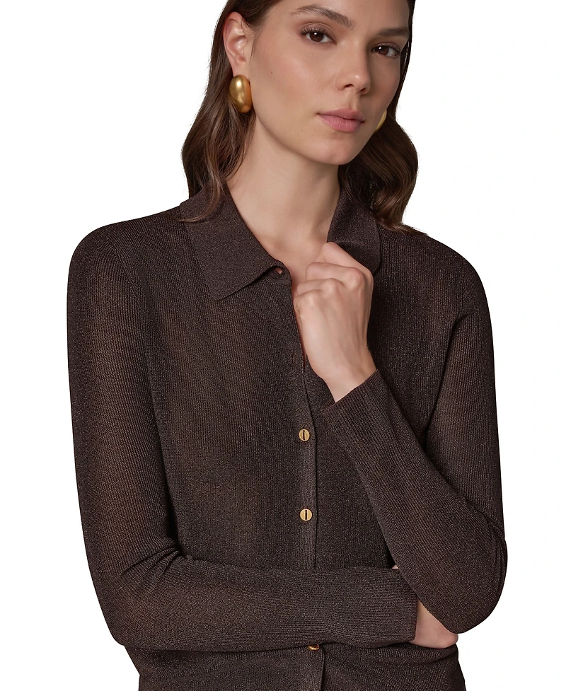 Donna Karan New York Petite Long-Sleeve Metallic-Knit Polo