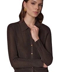 Donna Karan New York Petite Long-Sleeve Metallic-Knit Polo
