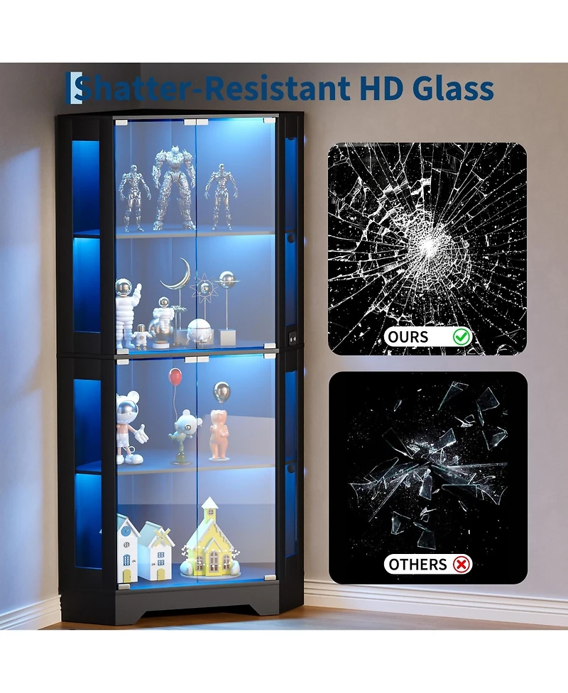 gaomon 65" Modern Corner Glass Curio Cabinet with Led Lights, Glass Doors and Adjustable Shelves for Collectibles and Dining Room Display
