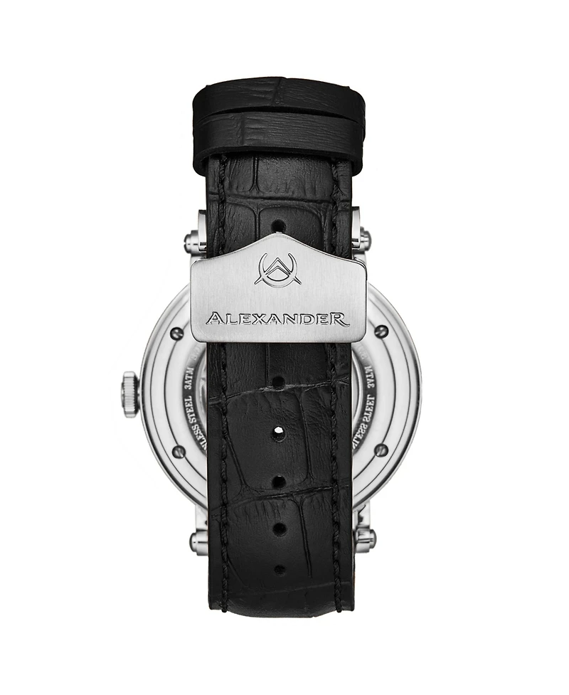 Alexander Triumph Men's Swiss Automatic Watch 43mm Silver Tone Stainless Steel Case Blue Dial Sapphire Crystal Black Leather Strap 30M