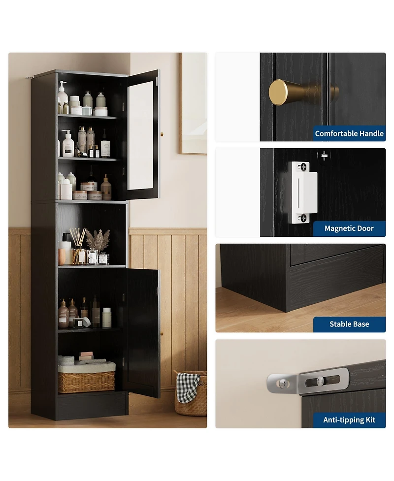 gaomon 67 Tall Bathroom Storage Cabinet, Slim Glass-Door Freestanding Towel Cabinet with Anti-Tip Design