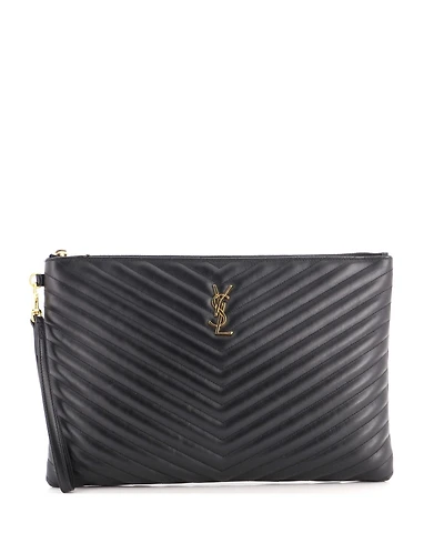 Pre-Owned Saint Laurent Large Classic Monogram Wristlet Pouch Matelasse Chevron Leather