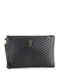 Pre-Owned Saint Laurent Large Classic Monogram Wristlet Pouch Matelasse Chevron Leather